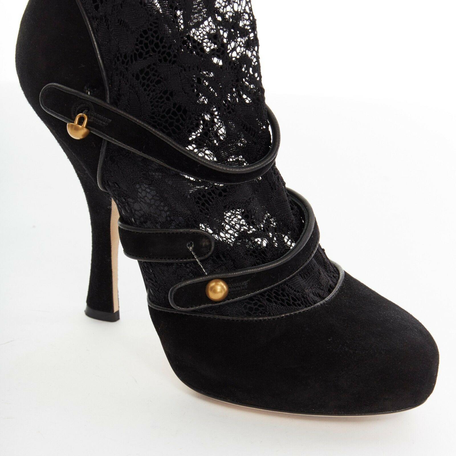 DOLCE GABBANA black suede leather floral lace sock strappy high heel EU38 US8 3
