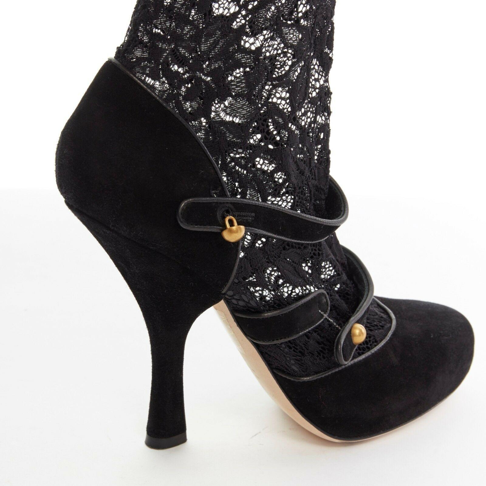 DOLCE GABBANA black suede leather floral lace sock strappy high heel EU38 US8 4