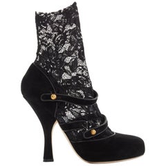 DOLCE GABBANA black suede leather floral lace sock strappy high heel EU38 US8