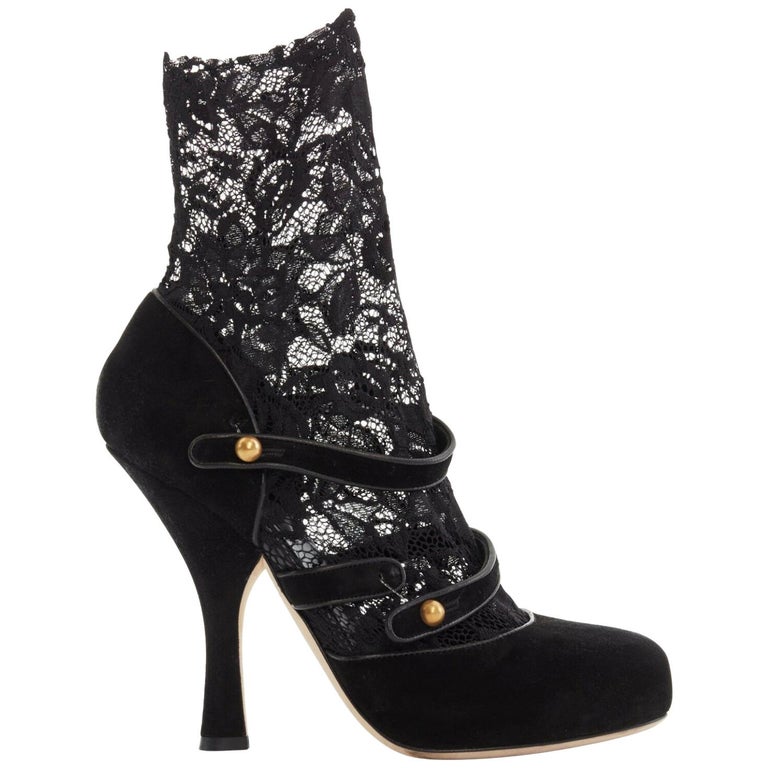 DOLCE GABBANA black suede leather floral lace sock strappy high heel ...