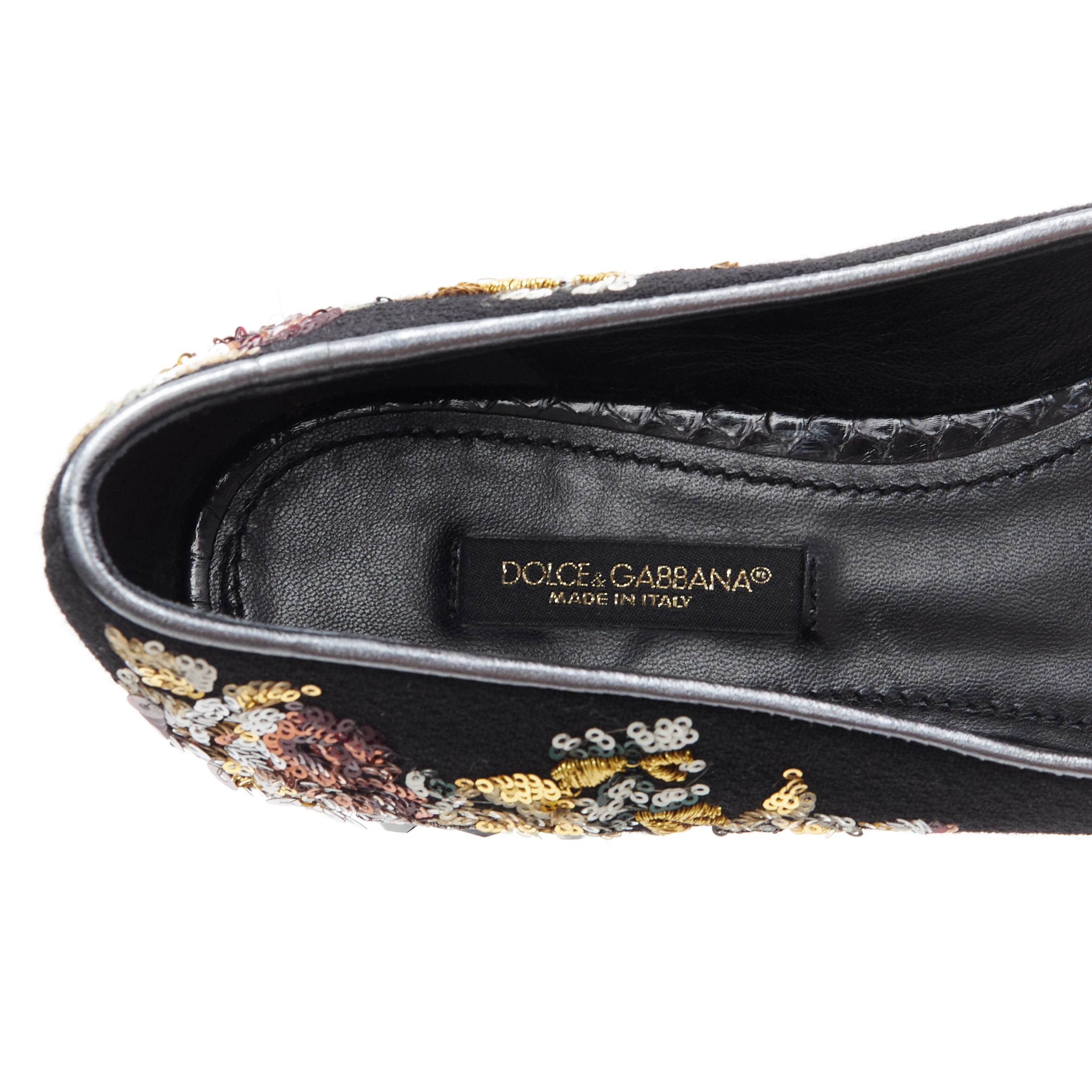 DOLCE GABBANA black suede royalty key sequin studded heel flat loafer EU35 2