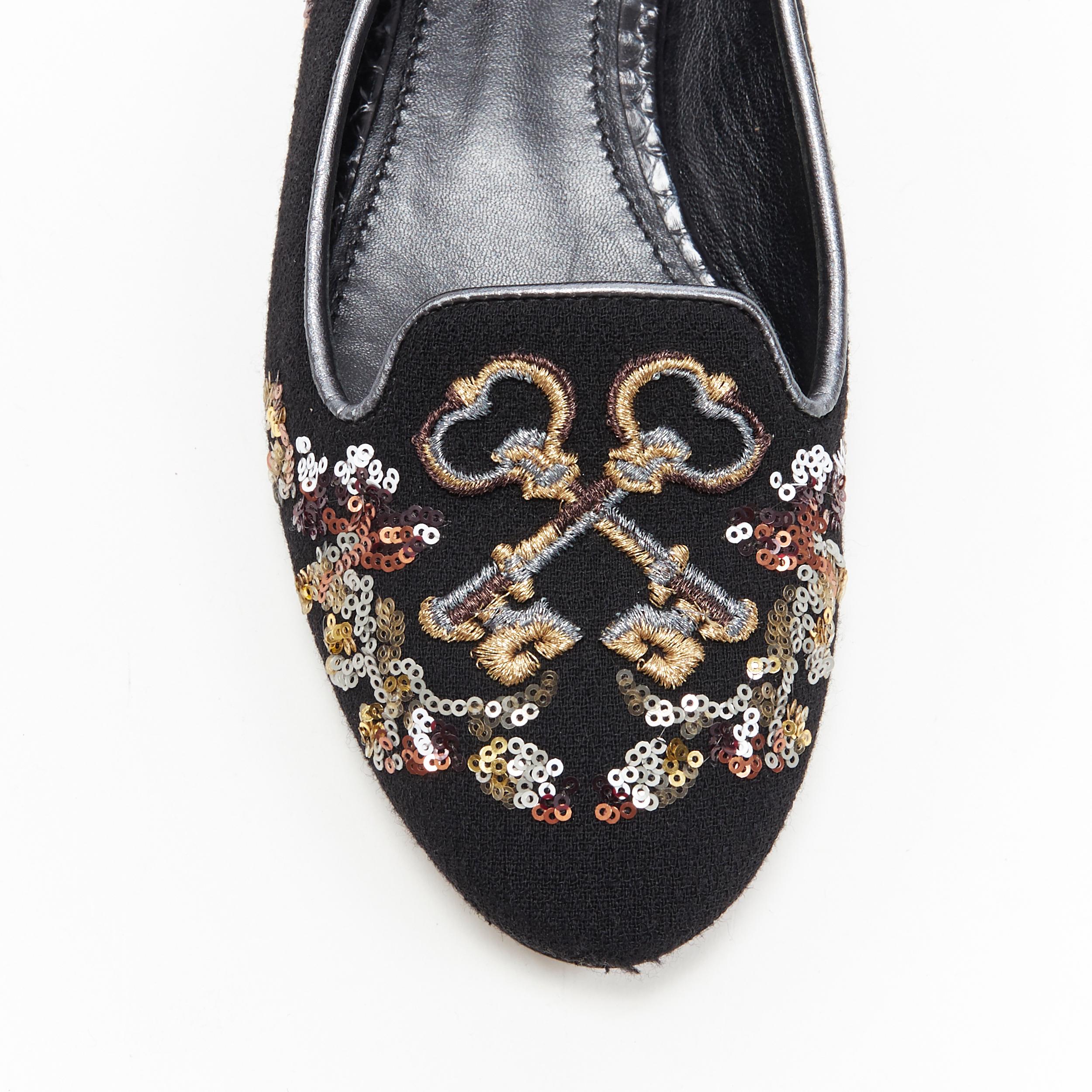 DOLCE GABBANA black suede royalty key sequin studded heel flat loafer EU35 In Excellent Condition In Hong Kong, NT