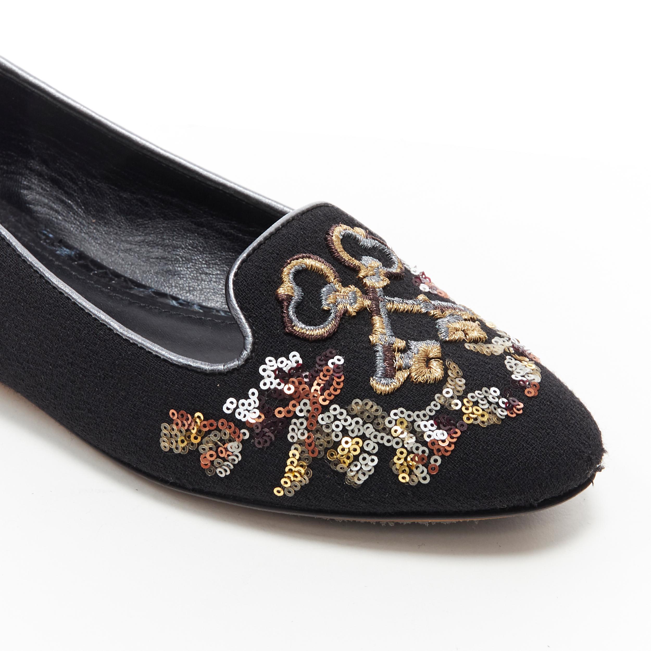 Women's DOLCE GABBANA black suede royalty key sequin studded heel flat loafer EU35