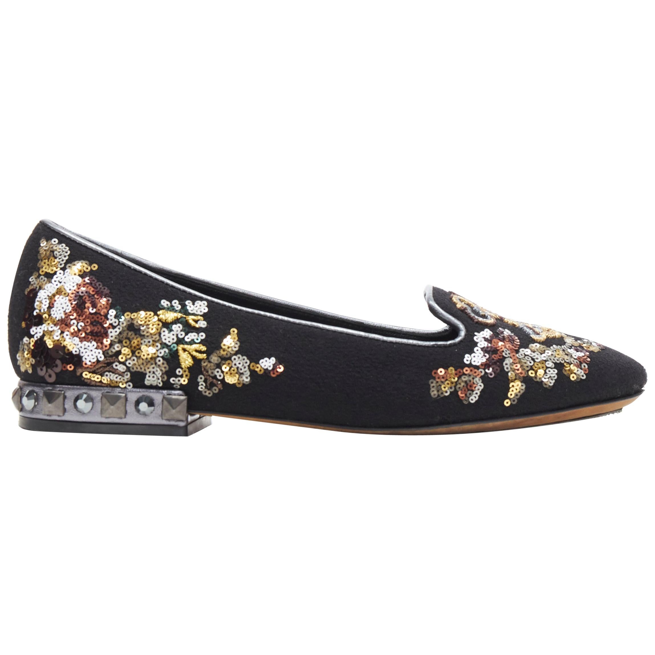 DOLCE GABBANA black suede royalty key sequin studded heel flat loafer EU35