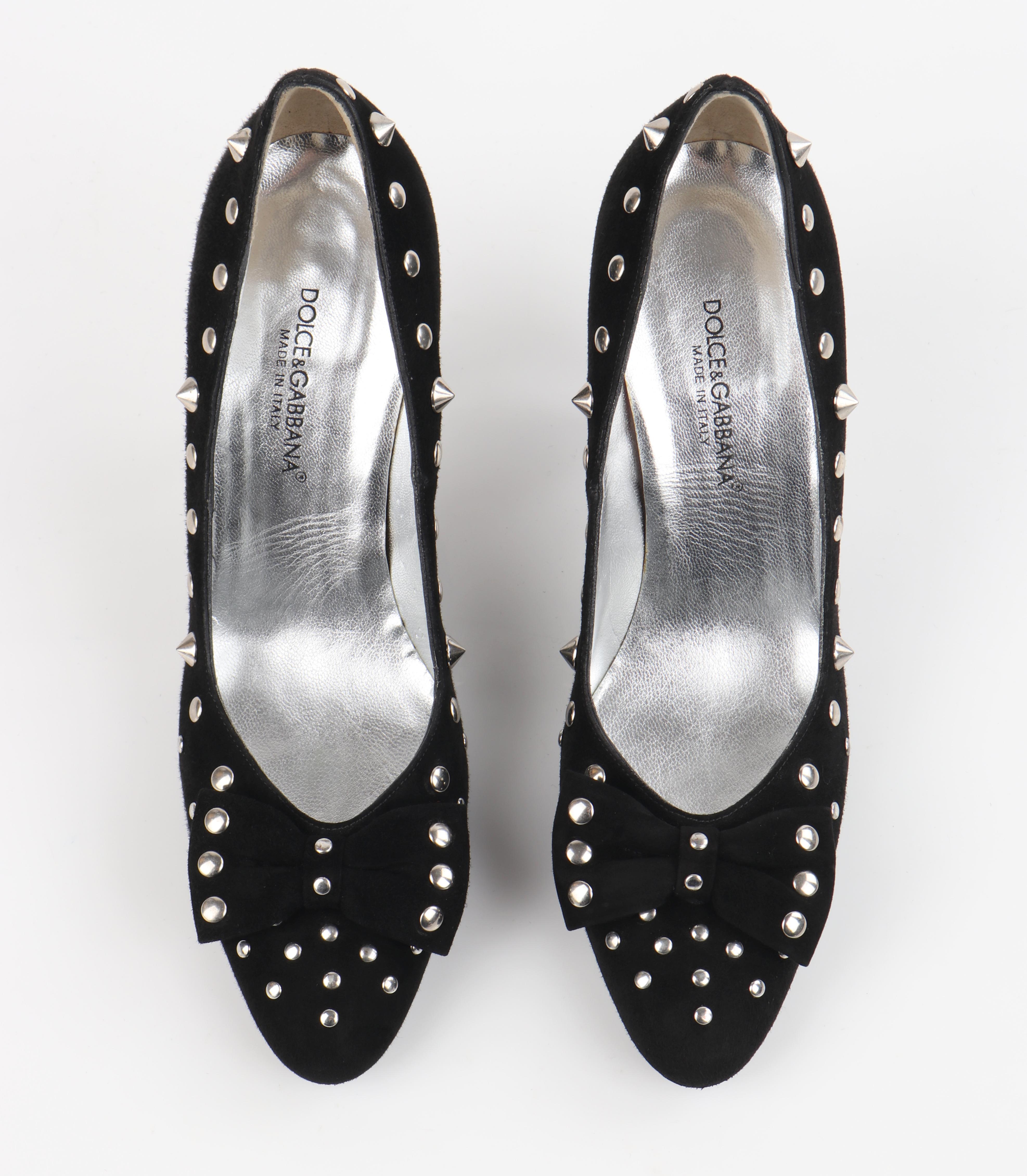 DOLCE & GABBANA Black Suede Silver Studded Vamp Bow Almond Toe Pumps Heels For Sale 2