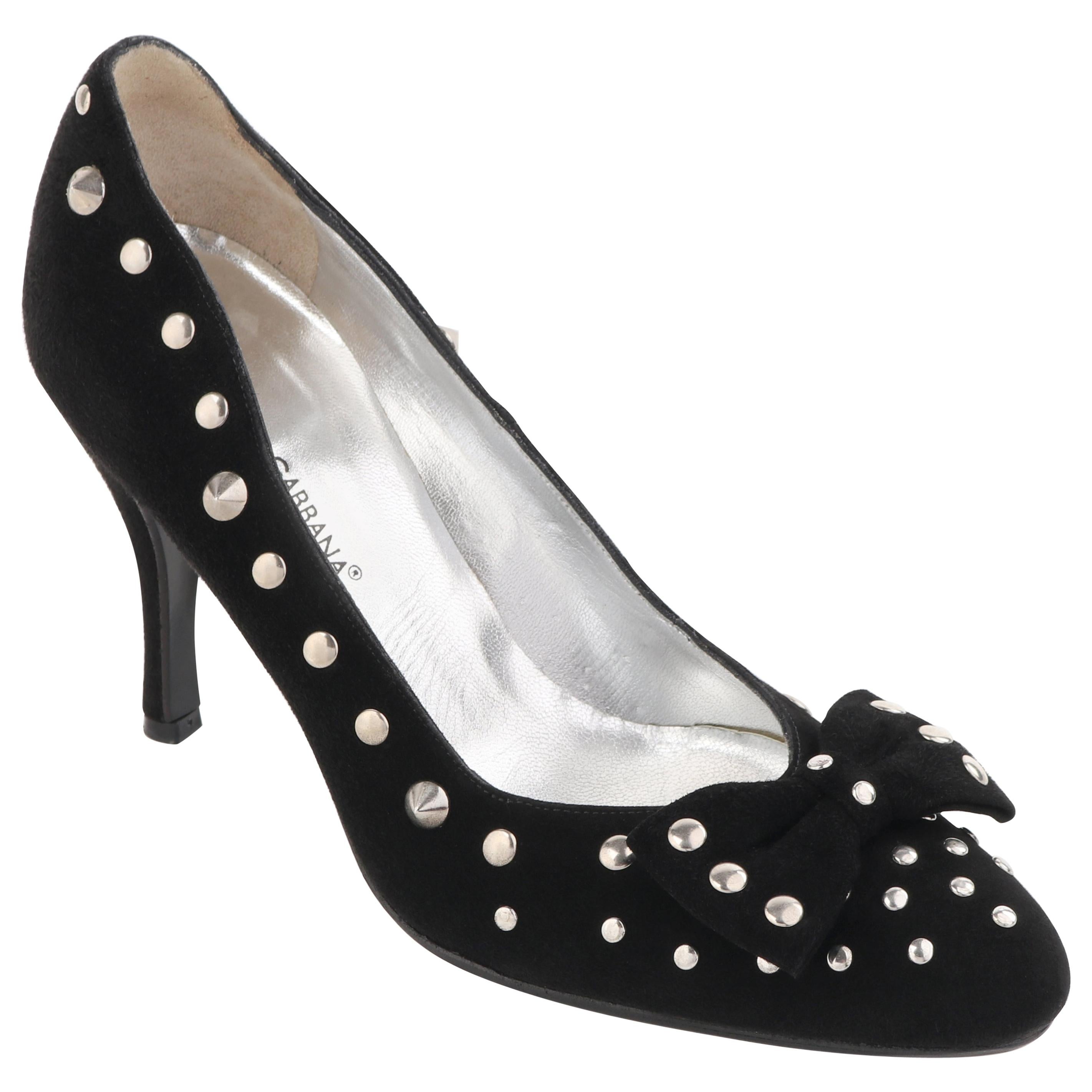 DOLCE & GABBANA Black Suede Silver Studded Vamp Bow Almond Toe Pumps Heels For Sale