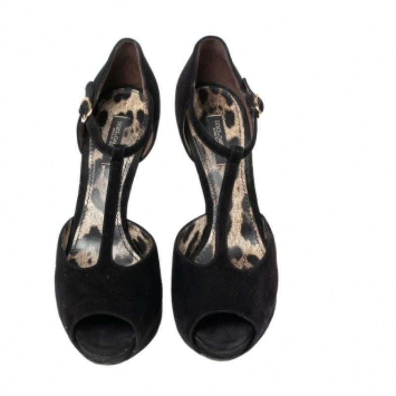 Women's Dolce & Gabbana Black Suede T-Bar Peep-Toe Platform Sandals Size 36.5 For Sale