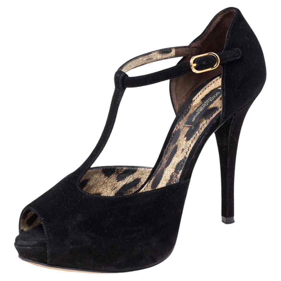 Dolce & Gabbana Black Suede T-Bar Peep-Toe Platform Sandals Size 36.5 For Sale