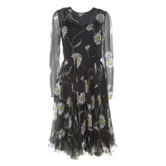 Dolce & Gabbana Black Sunflower Print Silk Gathered Midi Dress M