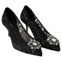 Dolce & Gabbana Black Taormina Lace Crystal Jewel Pumps Heels Shoes Floral DG