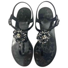 Dolce & Gabbana Black Taormina Lace Flats Sandals Shoes Flips Flops Crystals