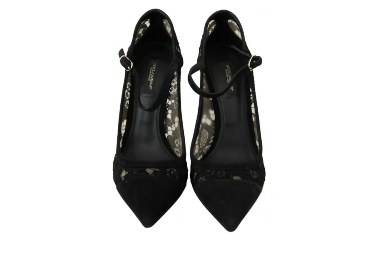 Dolce & Gabbana Black Taormina Lace Leather Mary Jane High Heels Shoes Floral 2