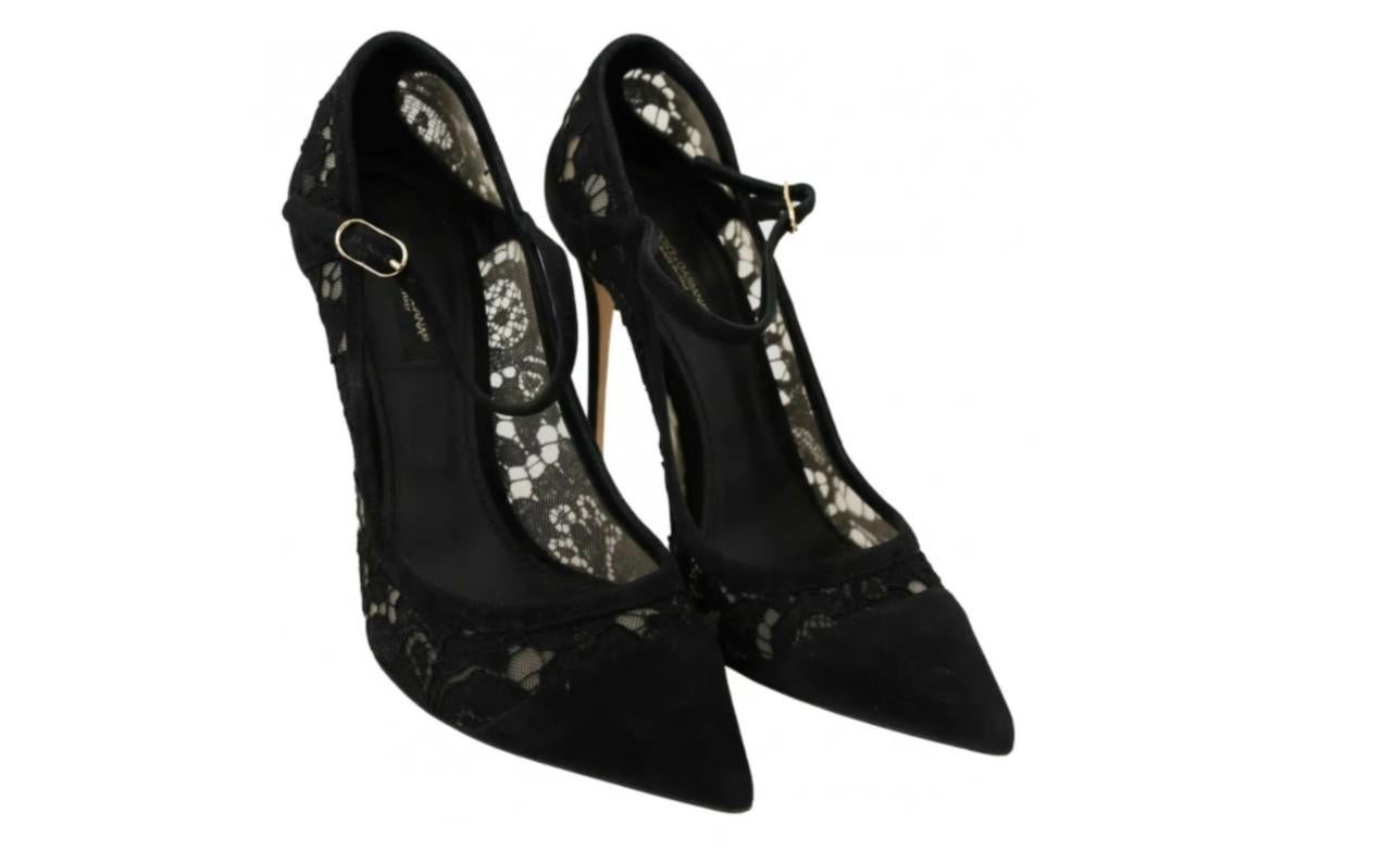 Dolce & Gabbana Black Taormina Lace Leather Mary Jane High Heels Shoes Floral 3