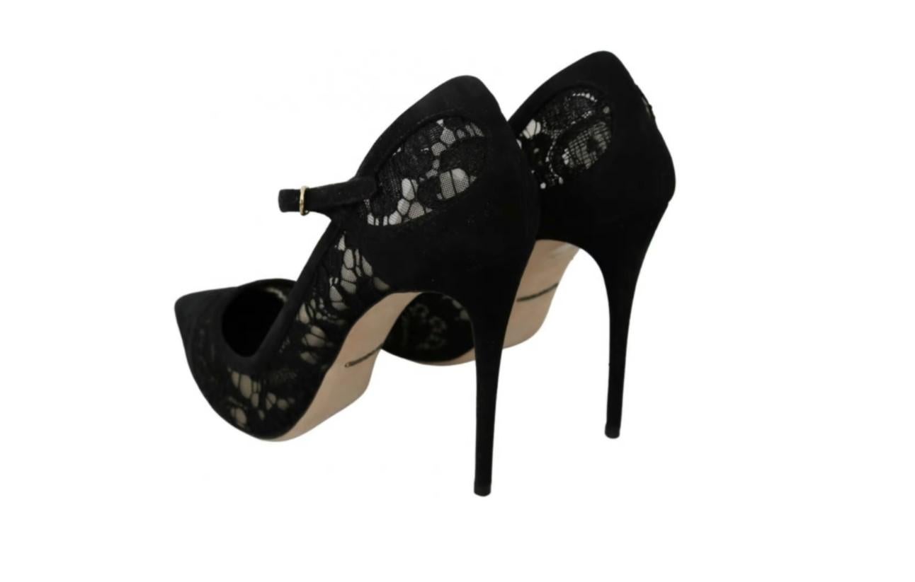 Dolce & Gabbana Black Taormina Lace Leather Mary Jane High Heels Shoes Floral 4