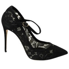 Dolce 
Gabbana Black Taormina Lace Leather Mary Jane High Heels Shoes Floral