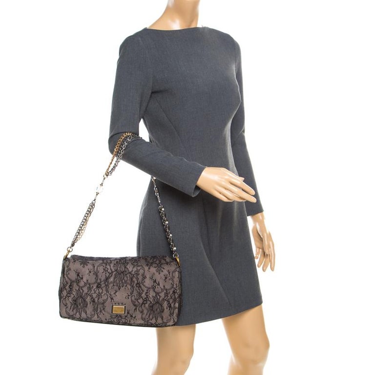 Dolce and Gabbana Black/Taupe Lace and Suede Miss Charles Shoulder Bag ...