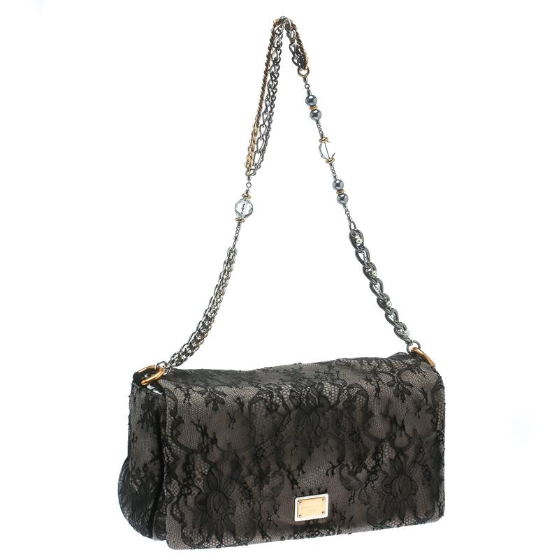 Women's Dolce & Gabbana Black/Taupe Lace and Suede Miss Charles Shoulder Bag