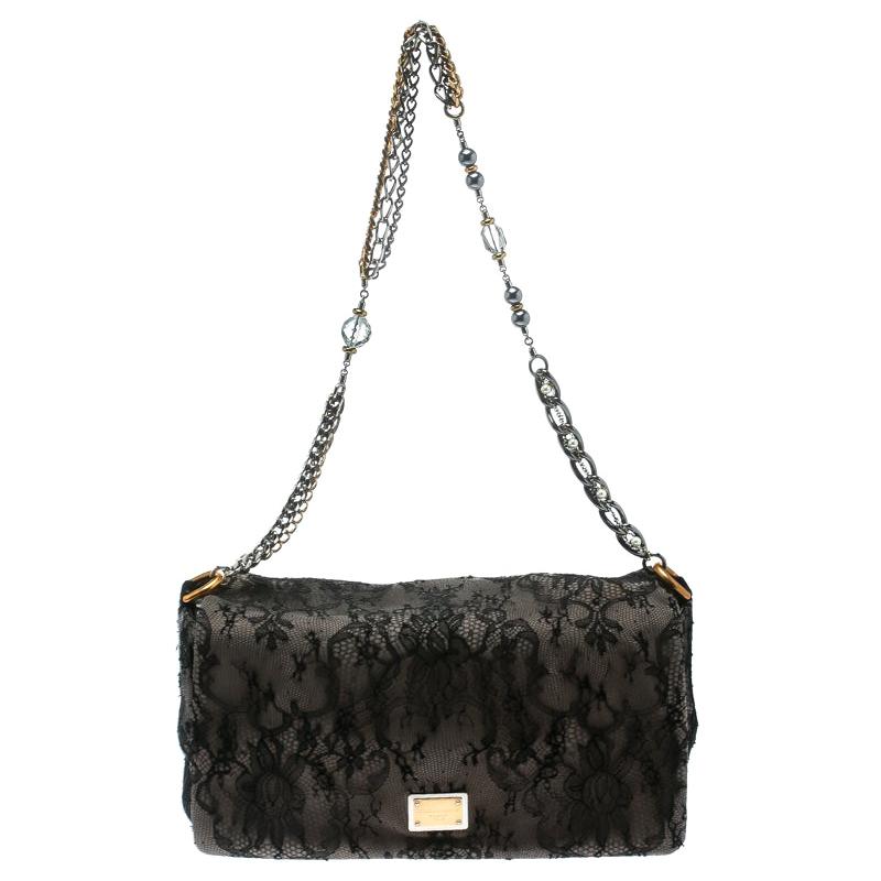 Dolce & Gabbana Black/Taupe Lace and Suede Miss Charles Shoulder Bag