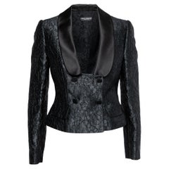 Dolce 
Gabbana Black Textured Jacquard Satin Trimmed Blazer Jacket M