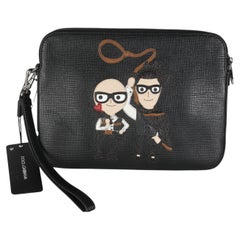 Dolce & Gabbana Black Textured Leather Cowboy Men Patch Double Zip Pouch