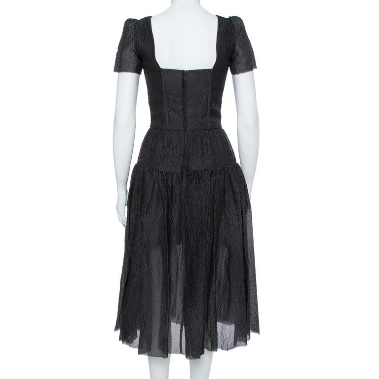 Dolce and Gabbana Black Textured Silk Corset Detail Flared Midi Dress S ...