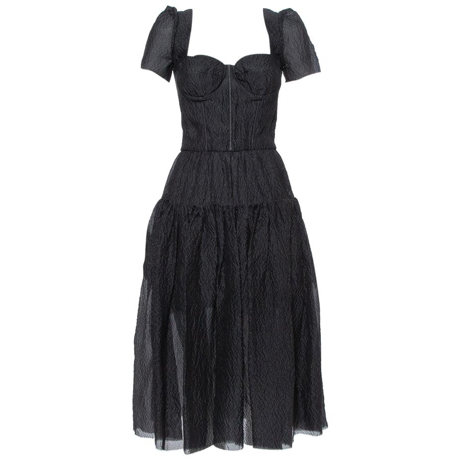 Dolce & Gabbana Black Textured Silk Corset Detail Flared Midi Dress S