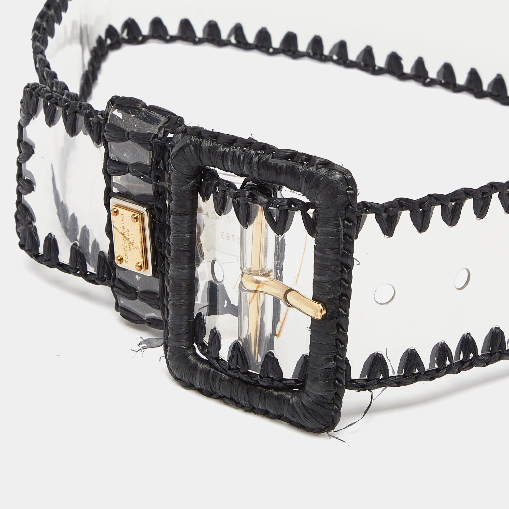 Gray Dolce & Gabbana Black/Transparent PVC and Straw Buckle Belt 75CM For Sale