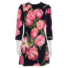 Dolce & Gabbana Black Tulip Print Crepe Shift Dress L