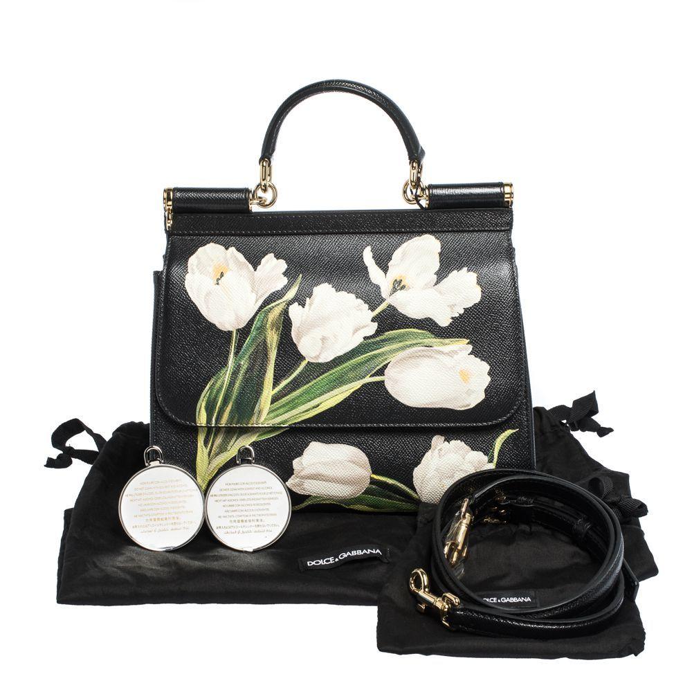 Dolce & Gabbana Black Tulip Print Leather Medium Miss Sicily Bag In New Condition In Dubai, Al Qouz 2