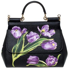 Dolce & Gabbana Black Tulip Print Leather Medium Miss Sicily Bag
