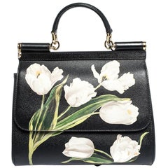 Dolce & Gabbana Black Tulip Print Leather Medium Miss Sicily Bag