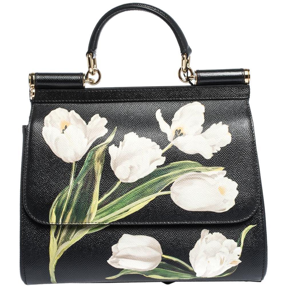 Dolce & Gabbana Black Tulip Print Leather Medium Miss Sicily Bag