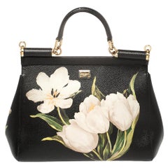 Dolce 
Gabbana Black Tulip Print Leather Medium Miss Sicily Top Handle Bag