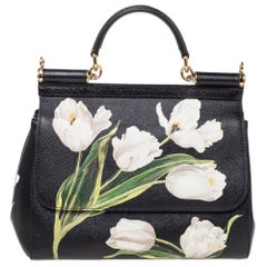 Dolce 
Gabbana Black Tulip Print Leather Medium Miss Sicily Top Handle Bag