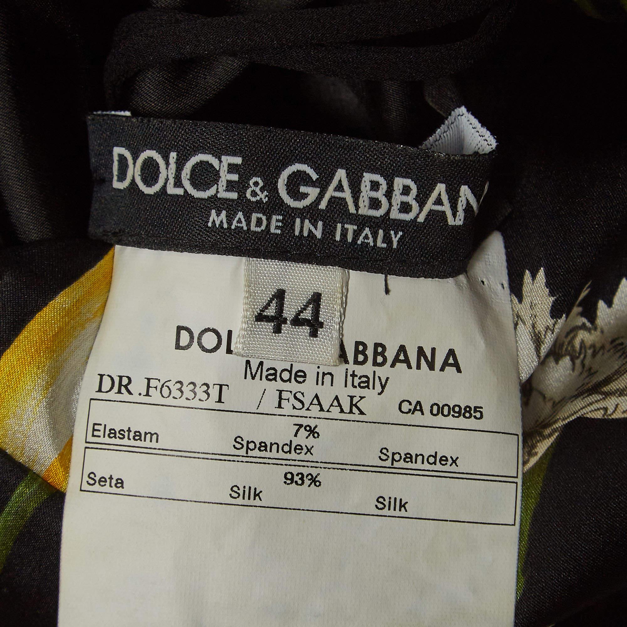 Women's Dolce & Gabbana Black Tulips Print Satin Silk Sleeveless Midi Dress M