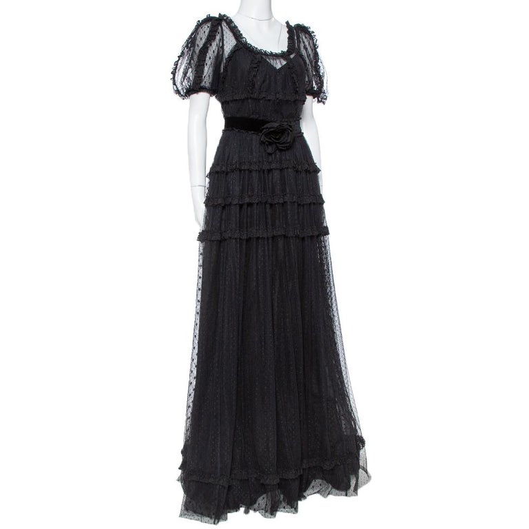 Dolce and Gabbana Black Tulle Ruffle Lace Detail Flared Maxi Dress S at ...