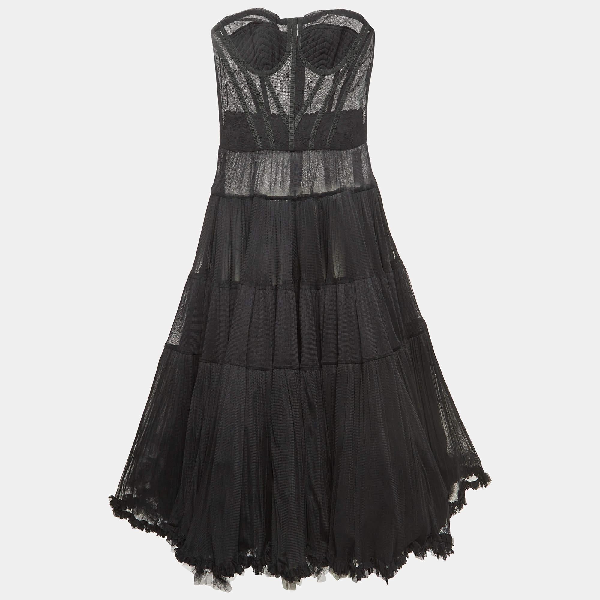 Women's Dolce & Gabbana Black Tulle Semi Sheer Strapless Corset Dress M For Sale