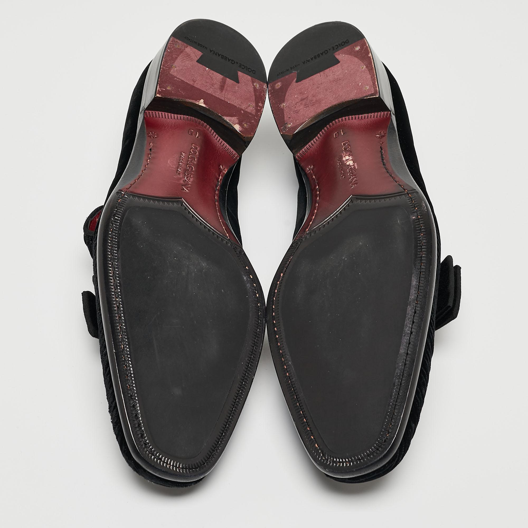 Dolce & Gabbana Black Velvet Bow Loafers Size 44 For Sale 1