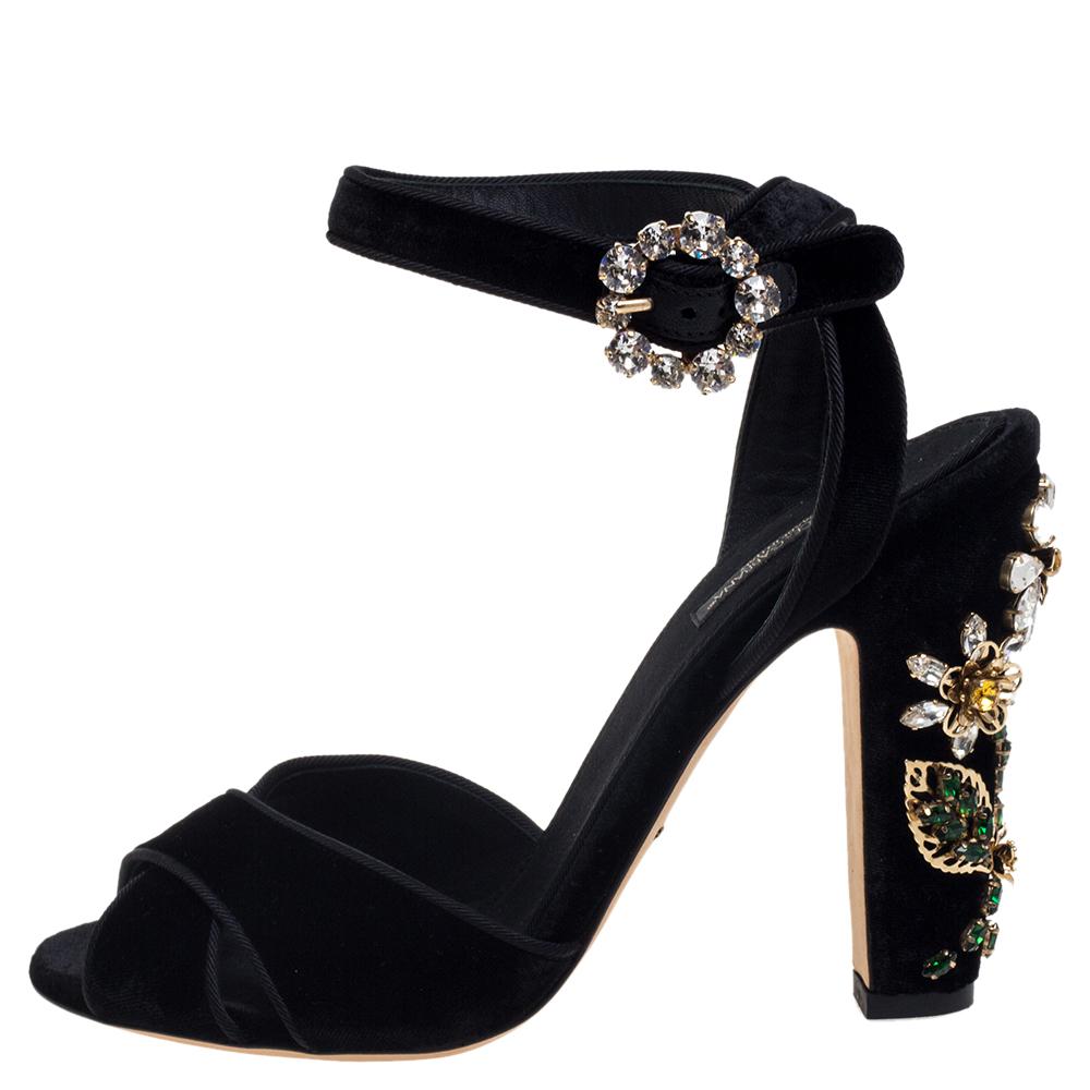 Dolce & Gabbana Black Velvet Crystal Embellished Sandals Size 39 2