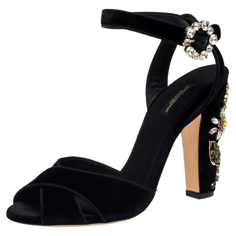 Dolce & Gabbana Black Velvet Crystal Embellished Sandals Size 39