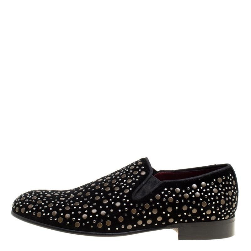 Men's Dolce & Gabbana Black Velvet Crystal Studded Loafers Size 41
