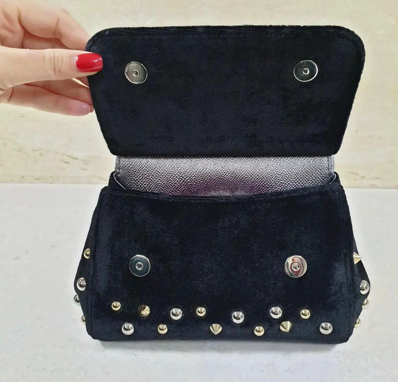 Women's Dolce & Gabbana Black Velvet Crystal Studded Mini Sicily Chain Crossbody Bag
