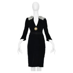 Dolce & Gabbana Black Velvet Dress With White Lace Collar And Rhinestone Brooch