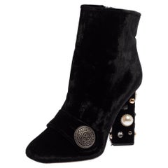 Dolce & Gabbana Black Velvet Embellished Ankle Length Boots Size 39