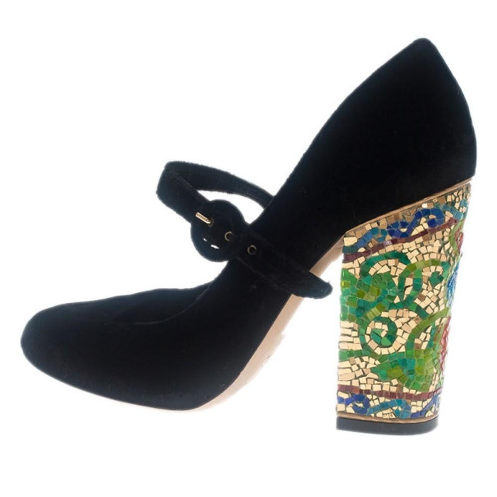 Women's Dolce & Gabbana Black Velvet Embellished Heel Mary Jane Pumps Size 39