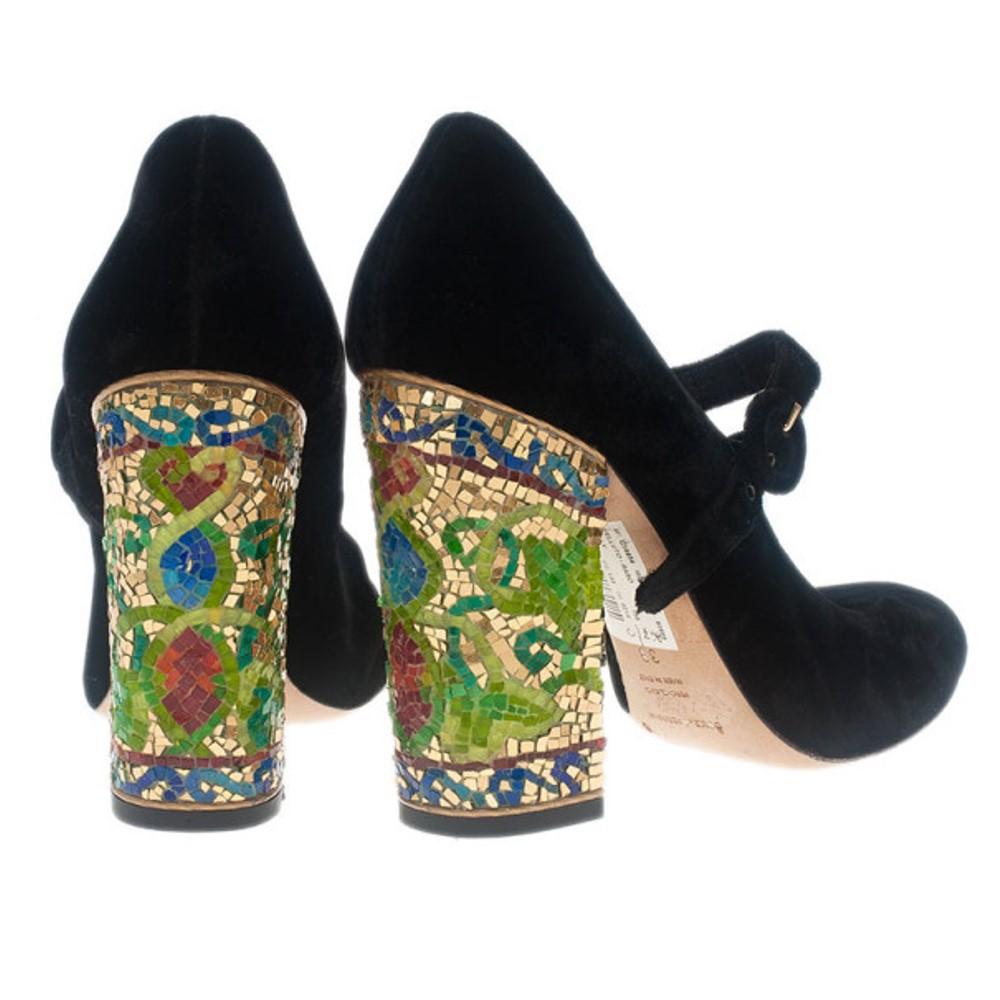 Dolce & Gabbana Black Velvet Embellished Heel Mary Jane Pumps Size 39 2