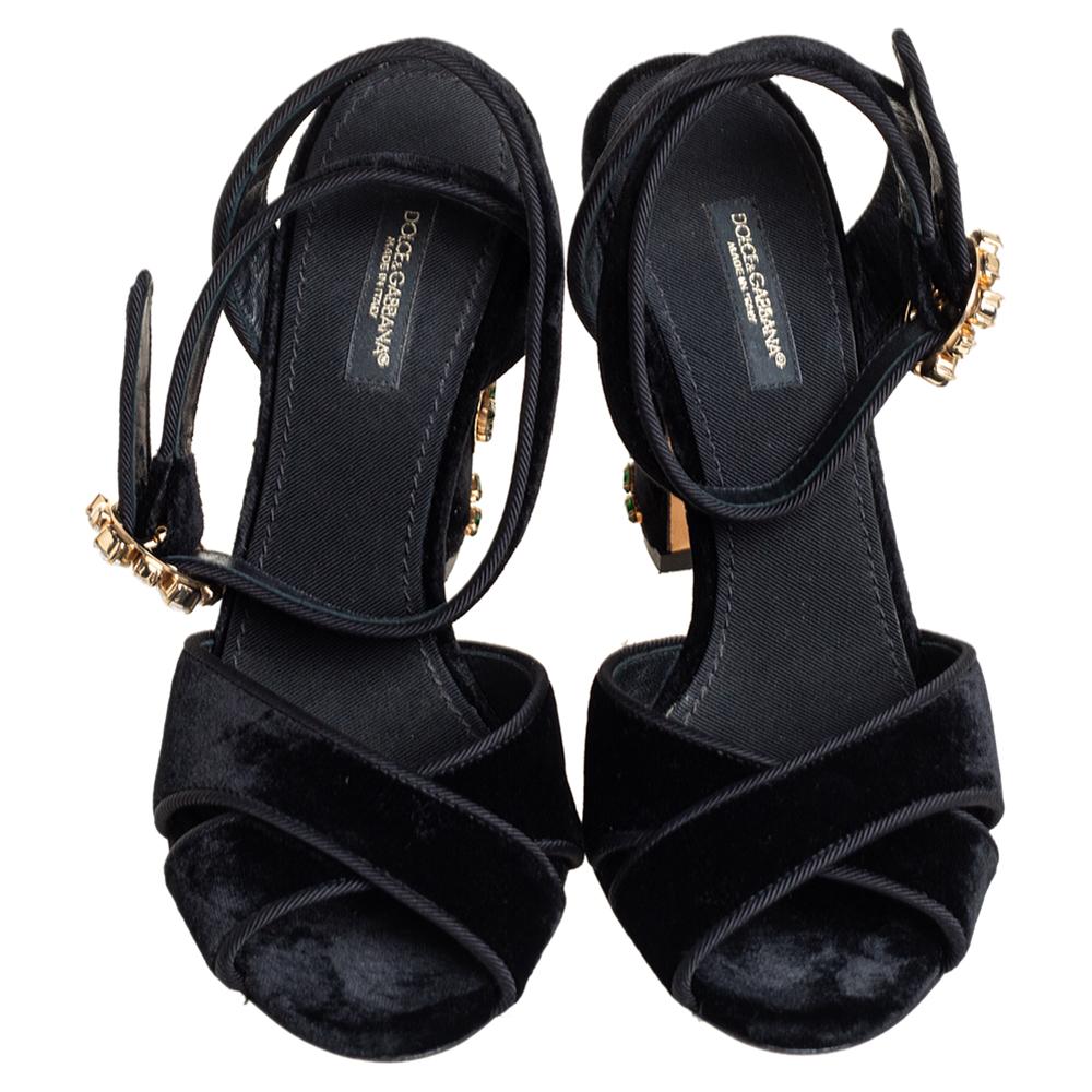 Dolce & Gabbana Black Velvet Embellishment Heel Ankle Strap Sandals Size 36 In Good Condition In Dubai, Al Qouz 2