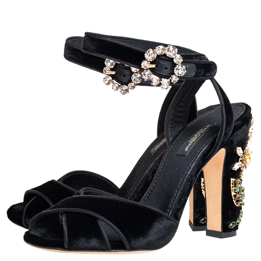 Women's Dolce & Gabbana Black Velvet Embellishment Heel Ankle Strap Sandals Size 36