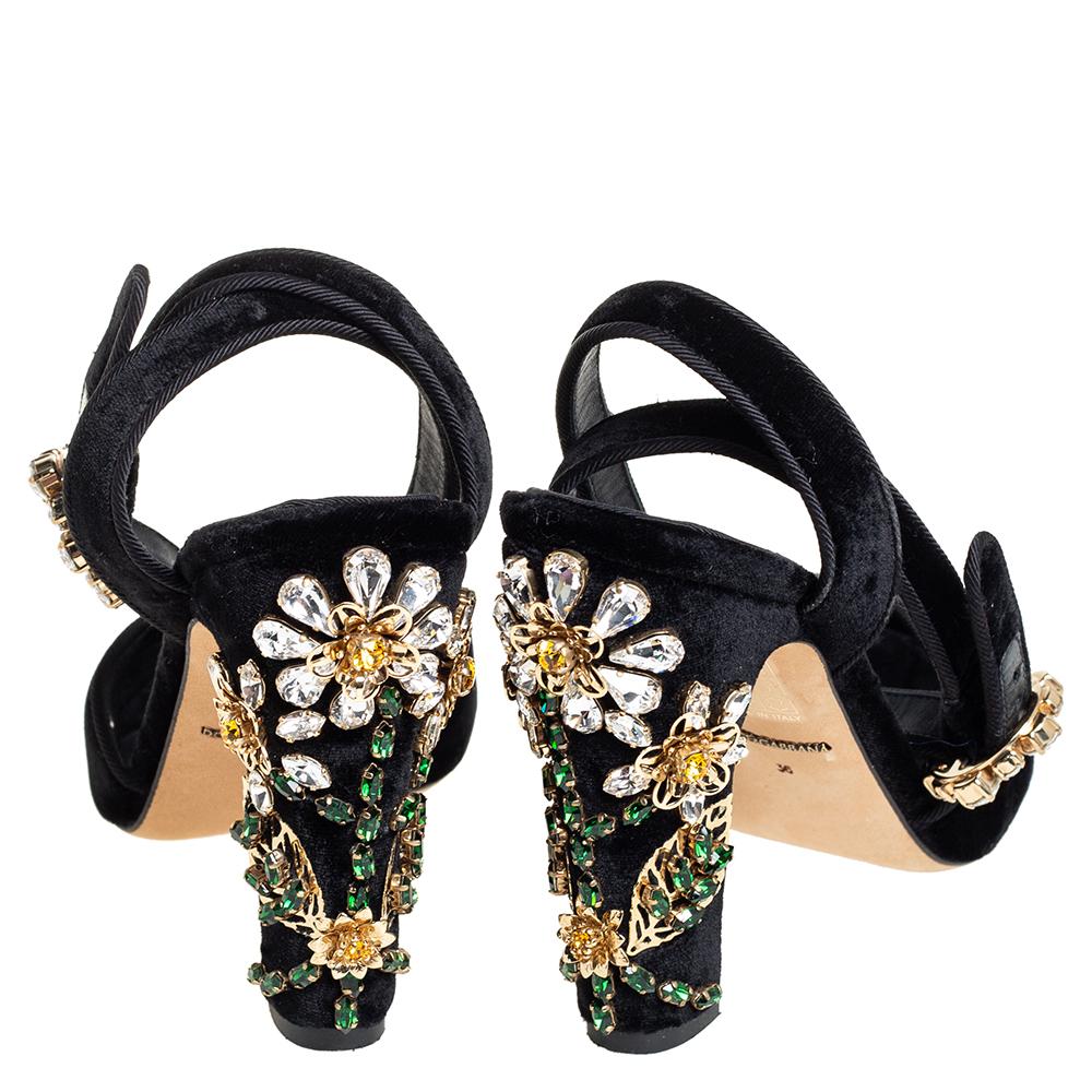 Dolce & Gabbana Black Velvet Embellishment Heel Ankle Strap Sandals Size 36 1