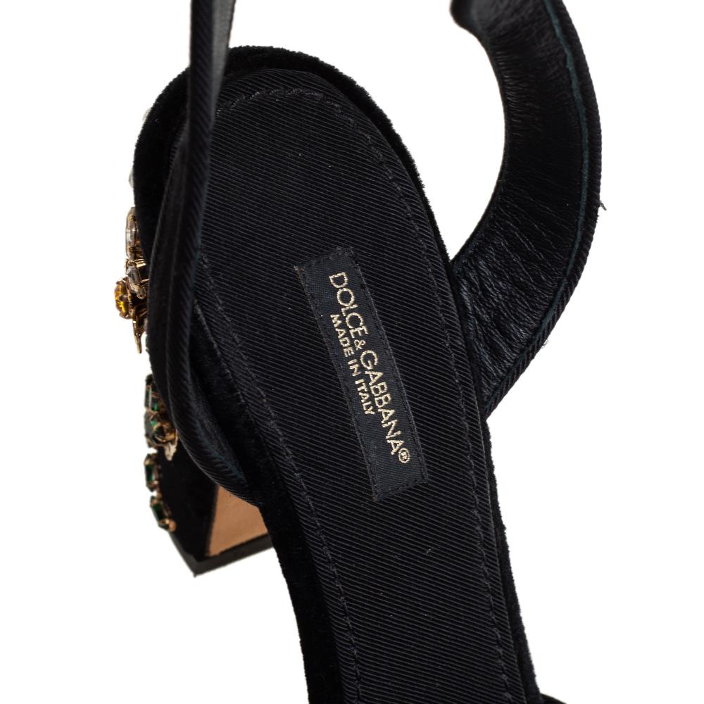 Dolce & Gabbana Black Velvet Embellishment Heel Ankle Strap Sandals Size 36 2